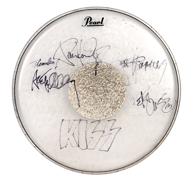 KISS 1970s Peter Criss Pearl Drums Concert Stage Used 12" Drumhead Signed Peter Criss Gene Simmons Ace Frehley Paul Stanley