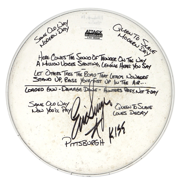 KISS Eric Singer Pittsburgh, PA 2010 Concert Tour Drumhead Signed Handwritten Modern-Day Delilah Lyrics for song parts Harmonizes Vocals On