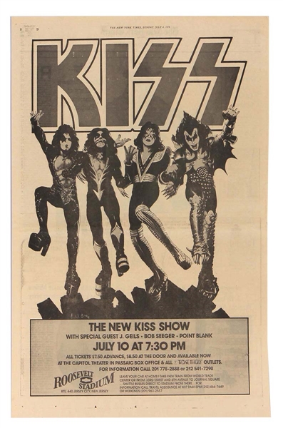 KISS Destroyer Tour 2 Feet Newspaper Concert Poster July 10, 1976 Roosevelt Stadium, Jersey City, New Jersey