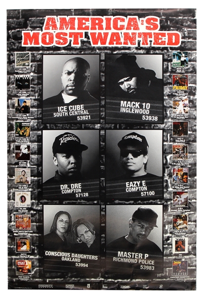Priority Records 10 Year Anniversary “Americas Most Wanted” Poster Featuring Ice Cube, Dr. Dre, Eazy E