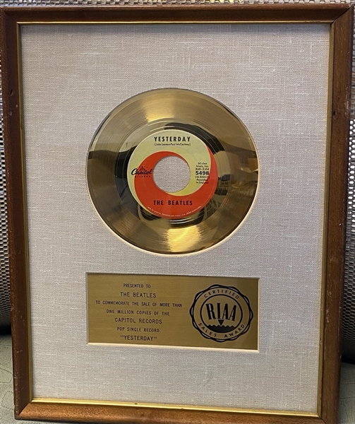 The Beatles “Yesterday” Original RIAA White Matte 45 Record Award Presented to The Beatles