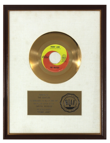 The Beatles “Penny Lane” Original RIAA White Matte Gold 45 Award Presented to The Beatles.