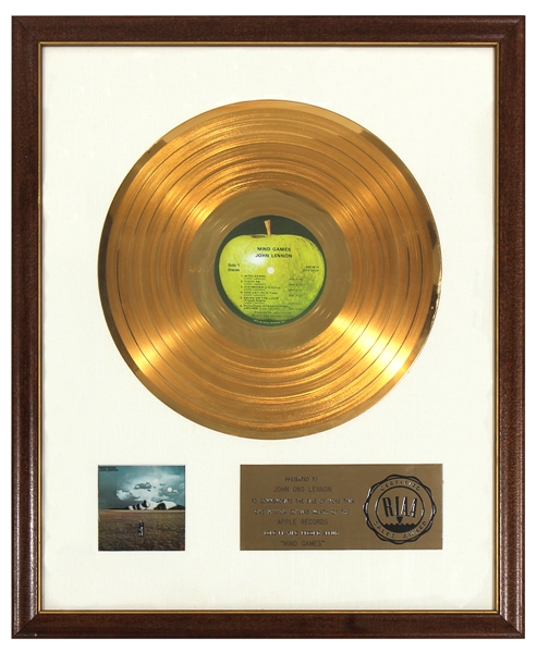 John Lennon “Mind Games” Original RIAA White Matte Gold Album Award Presented to John Ono Lennon