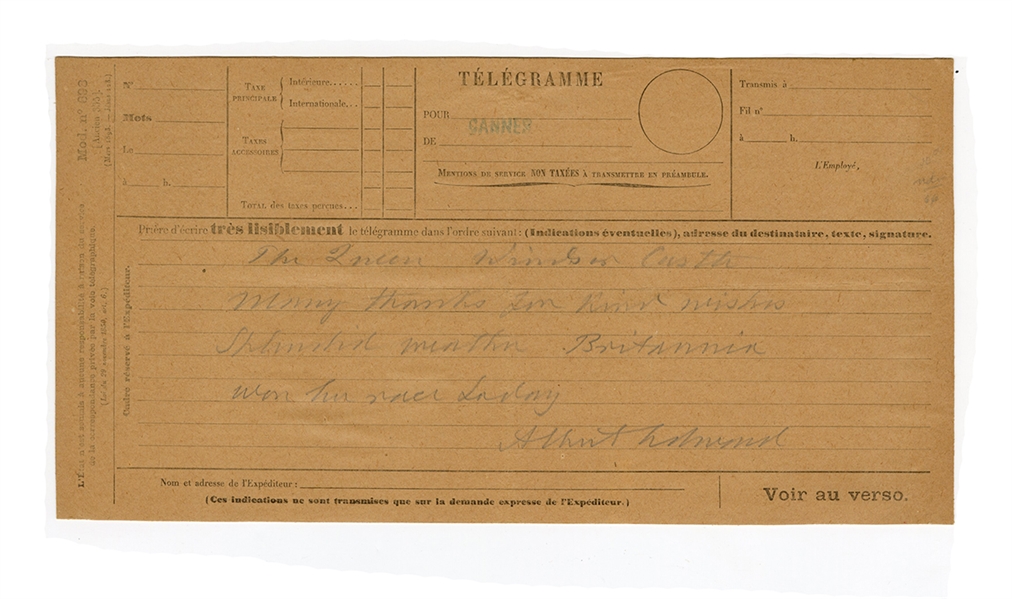 Albert Edward Signed Handwritten Telegram to Queen Victoria