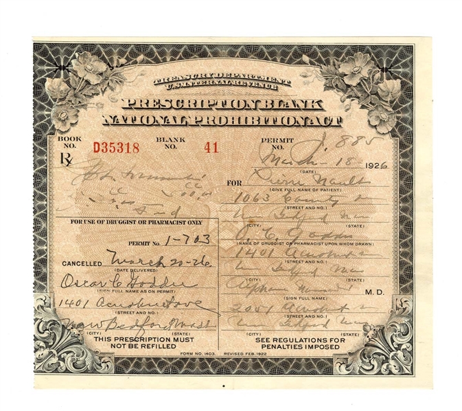 Prescription Form for Medicinal Liquor from the Prohibition