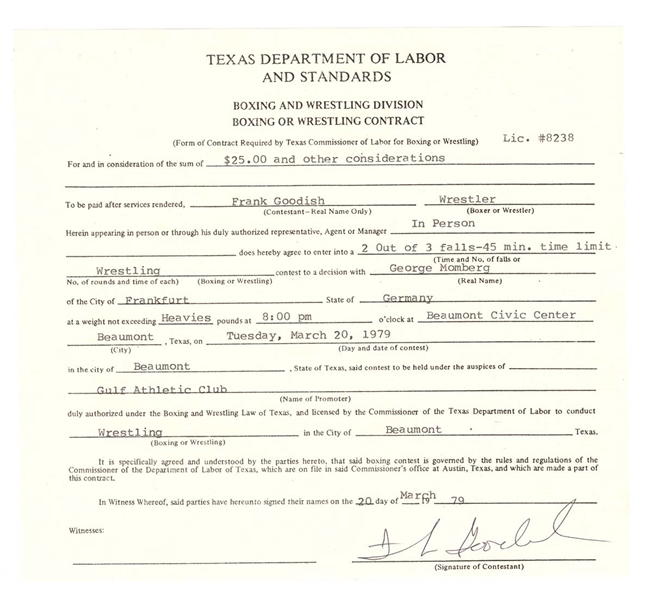 Bruiser Brody Frank Goodish Signed Wrestling Contract
