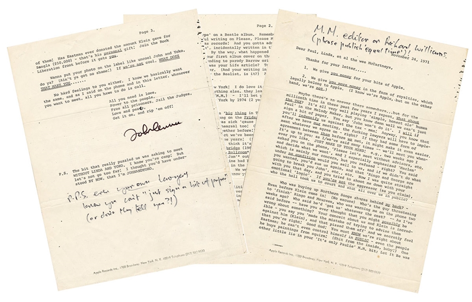 John Lennon Signed and Hand-Annotated 1971 Scathing Letter to Paul McCartney Published in Melody Maker Caiazzo & REAL