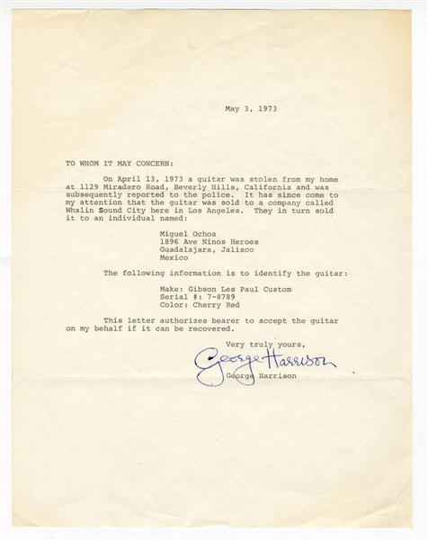 George Harrison Signed Letter Regarding Stolen Legendary "Lucy" Guitar Gifted to Him by Eric Clapton - Caiazzo