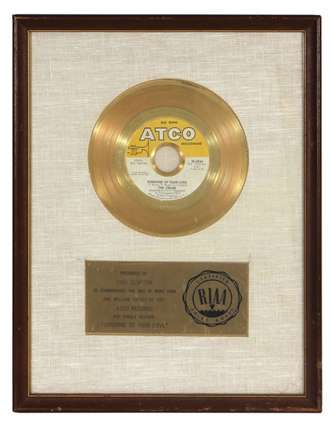 Cream “Sunshine of My Love” Original RIAA White Matte Record Award Presented to Jack Bruce