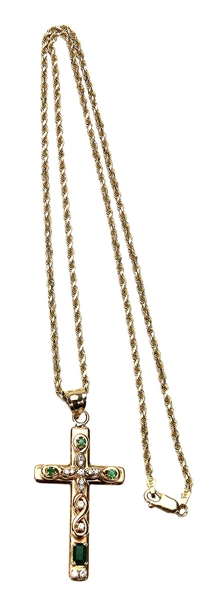 Elvis Presley Owned & Worn 14kt Gold Diamond & Emerald Cross Necklace