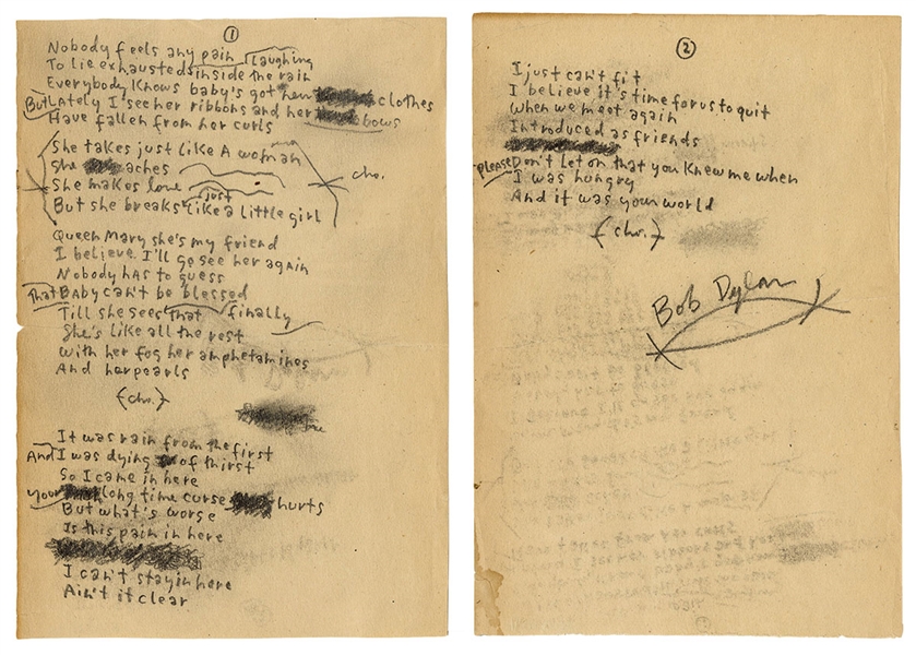 Bob Dylan Handwritten and Signed "Just Like A Woman" Working Lyrics JSA