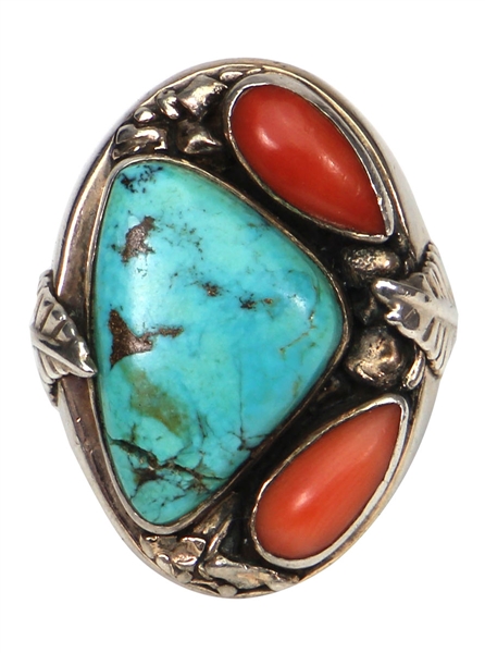 Elvis Presleys Owned & Worn Turquoise and Coral Silver Ring