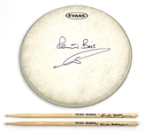 Pete Best Stage Used & Signed Drumskin And Signed Drumsticks