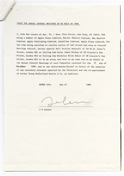 John Lennon Typed Signed Proxy Letter Dated December 8th, 1980 The Day John Lennon Was Murdered (Caiazzo)