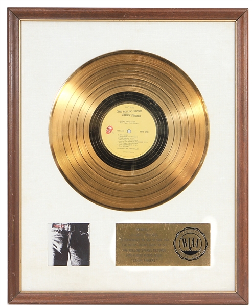 The Rolling Stones “Sticky Fingers” Original RIAA White Matte Gold Record Award Presented to Atlantic Records