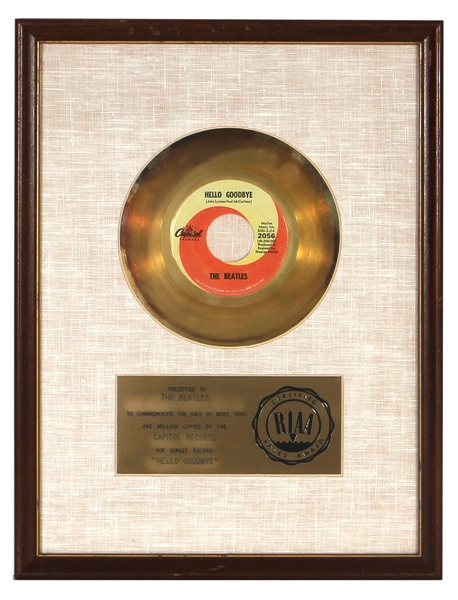 The Beatles “Hello Goodbye” RIAA Gold 45 White Matte Award Presented to The Beatles