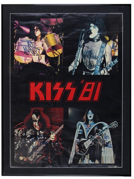 KISS 81 Campus Craft Poster Framed and Signed in 1980/1981 by Gene Simmons Eric Carr Paul Stanley Ace Frehley Framed Vintage Autographs