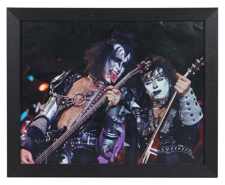 KISS Creatures Of The Night Concert Tour Photo 1983 Vinnie Vincent playing Gibson Les Paul Guitar with Gene Simmons Framed