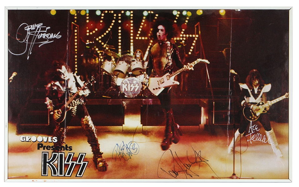 KISS Love Em and Leave Em Grooves Magazine Insert Poster Signed by Gene Simmons Ace Frehley Paul Stanley Peter Criss Vintage Autographs