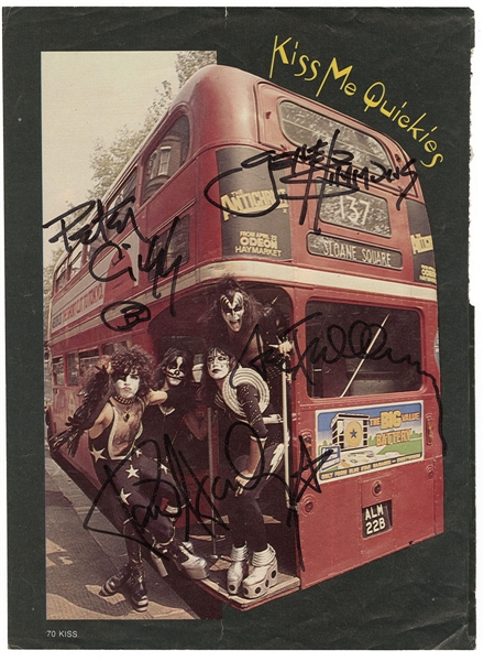 KISS in London 1976 on Alive Destroyer Concert Tour Magazine Pin Up Page Signed by Gene Simmons Ace Frehley Paul Stanley Peter Criss