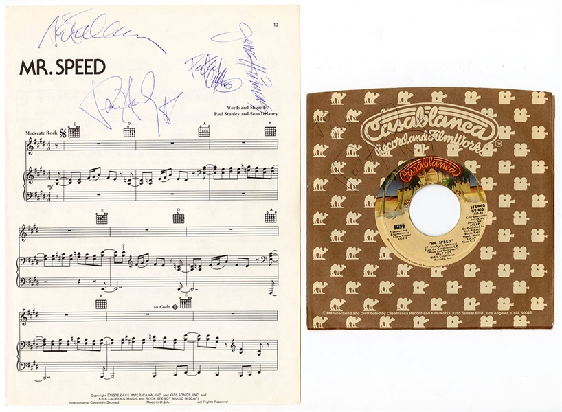 KISS 1976 Mr. Speed USA 7" 45 Signed on Sleeve by Paul Stanley & Sheet Music Page Signed by Gene Simmons Ace Frehley Paul Stanley Peter Criss