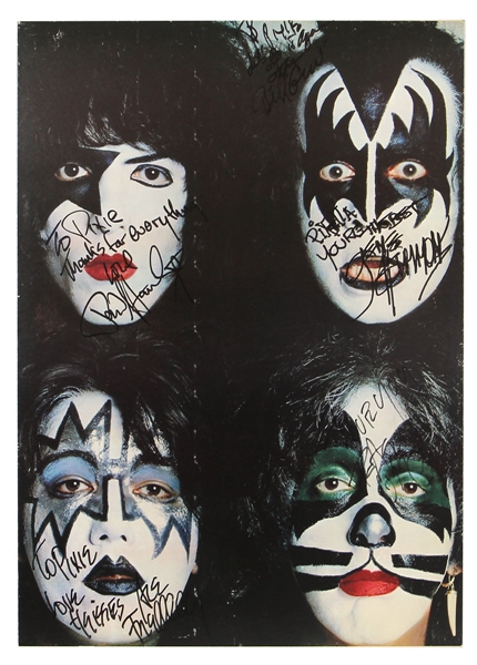 KISS Dynasty Cardboard Poster 1979 Signed Autograph Inscribed To Pixie Esmonde from Gene Simmons Ace Frehley Paul Stanley Peter Criss Bill Aucoin