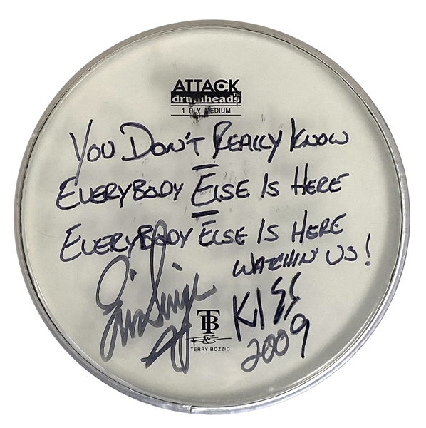 KISS Eric Singer Alive 35 Concert Tour Stage Played Drumhead Autograph Signed Handwritten Watchin You Lyrics for song parts Harmonizes Vocals On