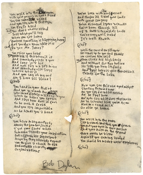 Bob Dylan Handwritten & Signed "Ballad of a Thin Man" Working Lyrics, JSA, James Blanco LOA and Clinton Heylin LOA