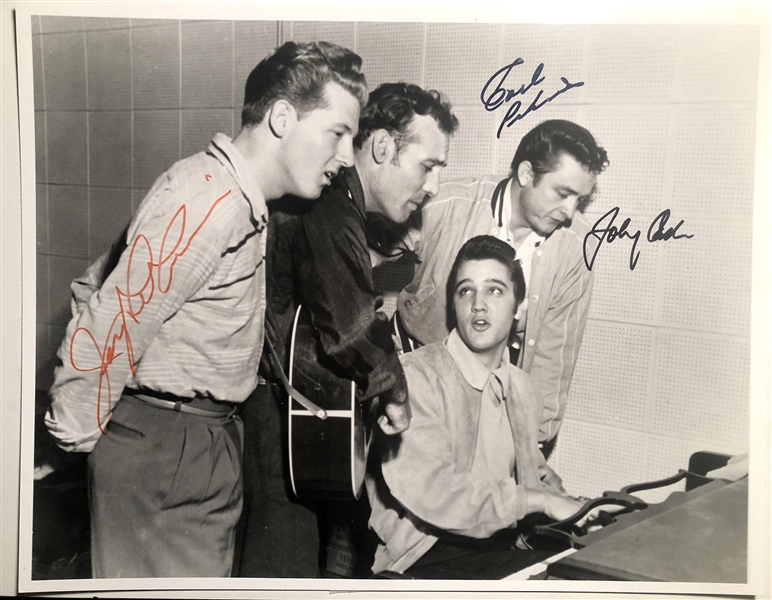 Johnny Cash, Jerry Lee Lewis & Carl Perkins Signed 14 x 11 Photo of the Million Dollar Quartet Jam Session With Elvis Presley (REAL)