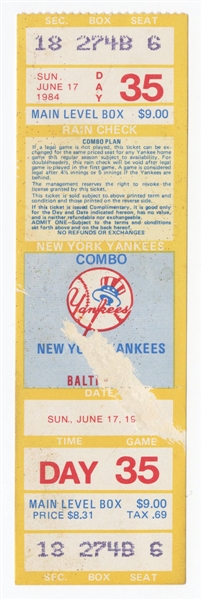 June 17, 1984 "Roenickes Million-Dollar Slam" Orioles at Yankees Ticket