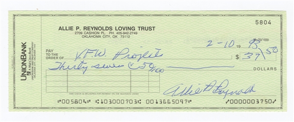 Allie Reynold Signed Check