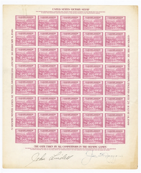Joe DiMaggio Signed 1948 US Olympic Stamp Sheet (w/ John Lindell)