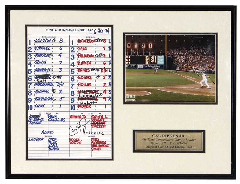 An Original Lineup Card from 6/30/1994 The Baltimore Orioles VS The Cleveland Indians Signed By Cal Ripken Jr.