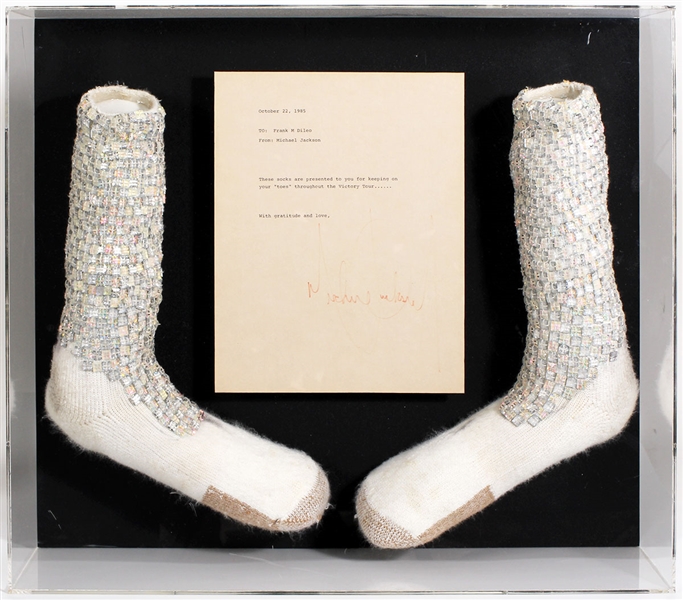 Michael Jackson Motown 25: Yesterday, Today, Forever Special Concert First Ever Moonwalk Stage Worn Bill Whitten Custom Crystal Socks Gifted to Manager Frank DiLeo