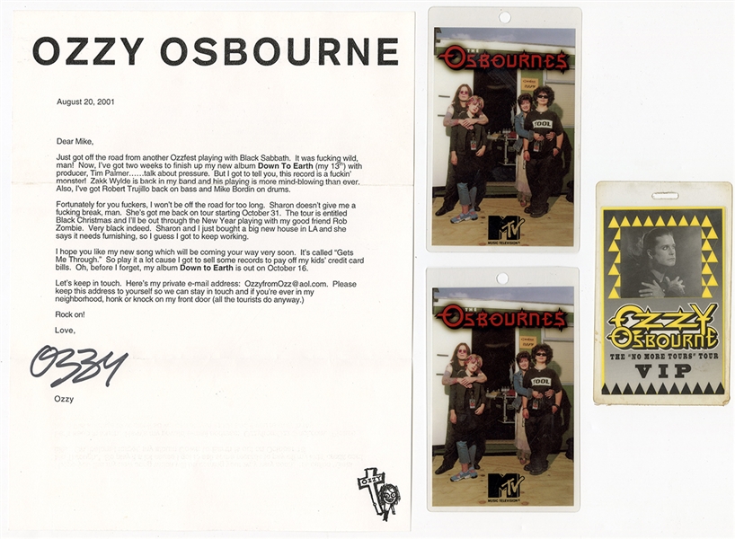 Ozzy Osbourne Typed Signed Letter with VIP Passes