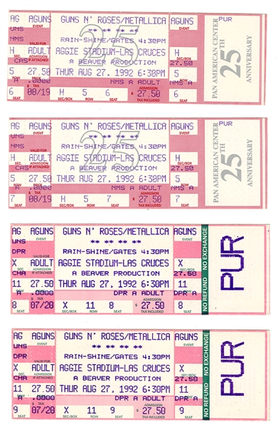 Lot of 4 1992 Guns N Roses/Metallica Concert Ticket Stubs (Magic Mike Collection)