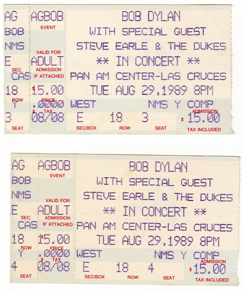 Lot of 2 Bob Dylan 1989 Concert Ticket Stubs (Magic Mike Collection)
