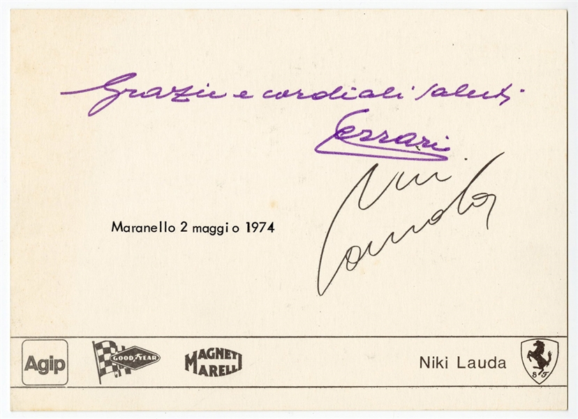 Enzo Ferrari and Niki Lauda Dual Signed 1974 Lauda Promotional Photograph