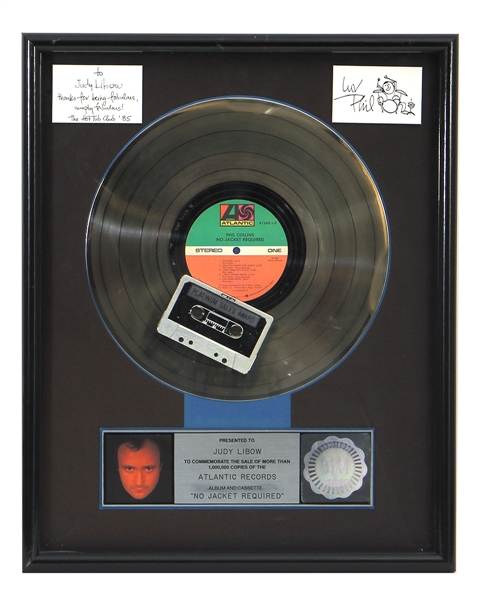 Phil Collins “No Jacket Required” Original RIAA Platinum Record Award with Incredible Inscription and Self-Portrait Drawing (Judy Libow Collection)