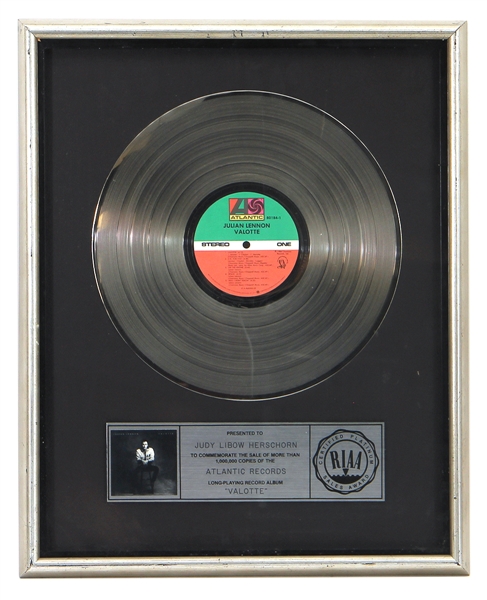 Julian Lennon “Valotte” Original RIAA Platinum Record Award (Judy Libow Collection)