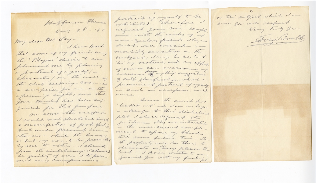 1888 Edwin Booth Letter (ALS) To Artist Oliver Lay (Booth Portrait as Hamlet) JSA
