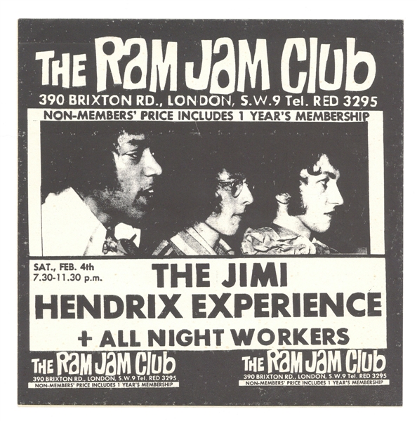 Jimi Hendrix Original 1967 The Ram Jam Club Concert Flyer