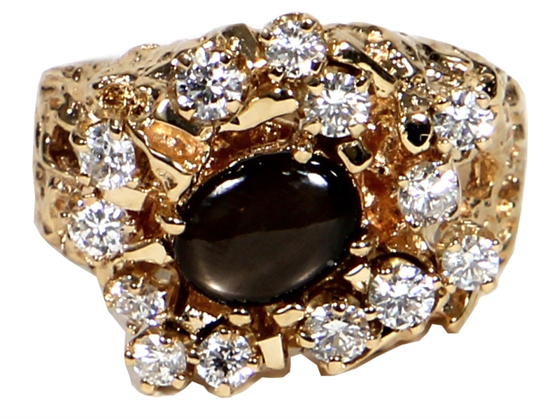 Elvis Presley Owned & Worn 14kt Gold Nugget Style Black Star Sapphire & Diamond Ring