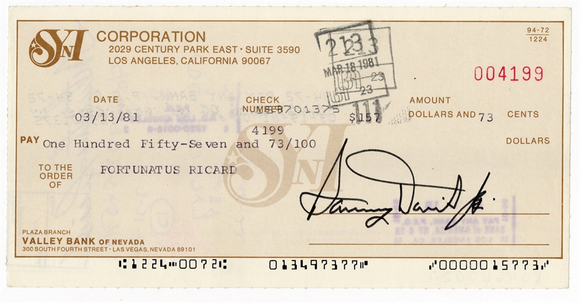 Sammy Davis, Jr. Signed Check JSA