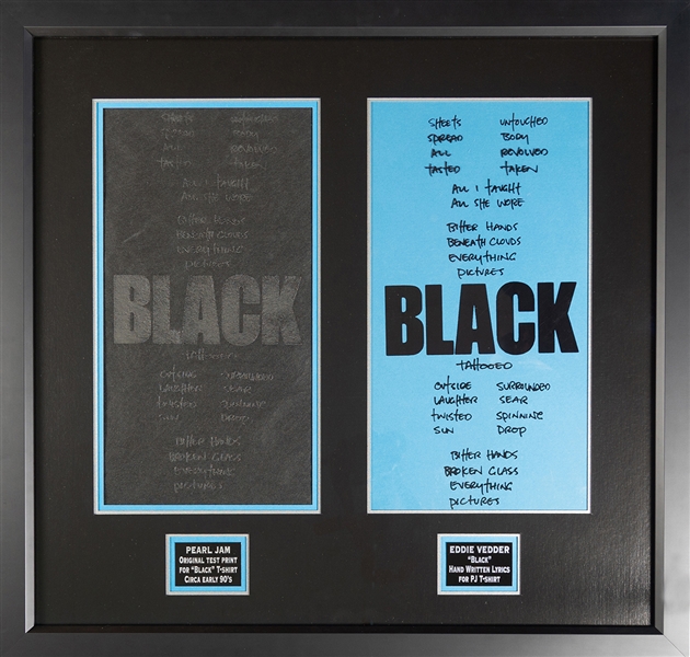 Pearl Jam Eddie Vedder Handwritten “Black” Lyrics for T-Shirt with Test Print (REAL)