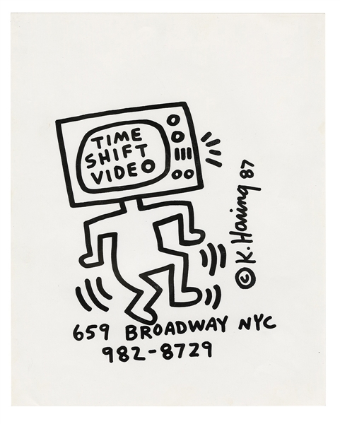 Keith Haring Designed Black and White Store Flyer for "Time Shift Video"