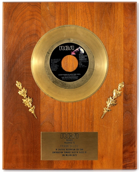 The Main Ingredient "Everybody Plays The Fool" Original RCA Records In-House Gold Single Record Award Plaque Presented to Frank DiLeo