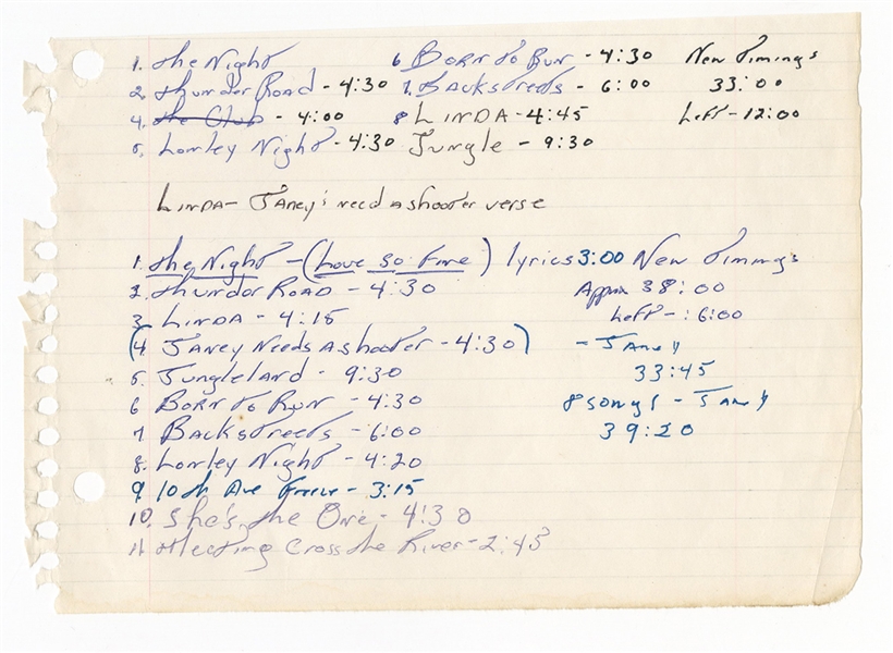 Bruce Springsteen "Born To Run" Original Handwritten Set List from the Collection of Mike Appel JSA