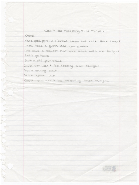 Drake Handwritten "Wont Be Needing That Tonight" Lyrics JSA & Beckett