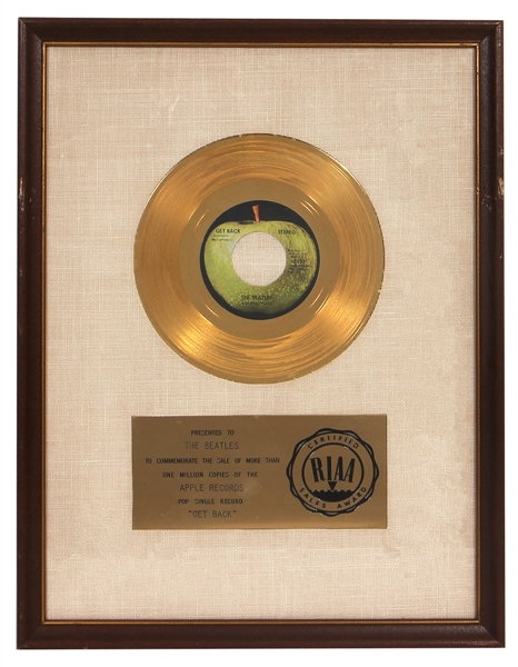 The Beatles “Get Back” Original RIAA White Matte 45 Gold Record Award Presented to The Beatles